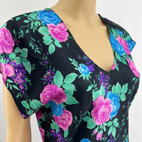 VINTAGE AMERICAN Texsheen SMALL 1960's Black Floral Sleep Mini Dress Night Gown - Picture 2 of 7